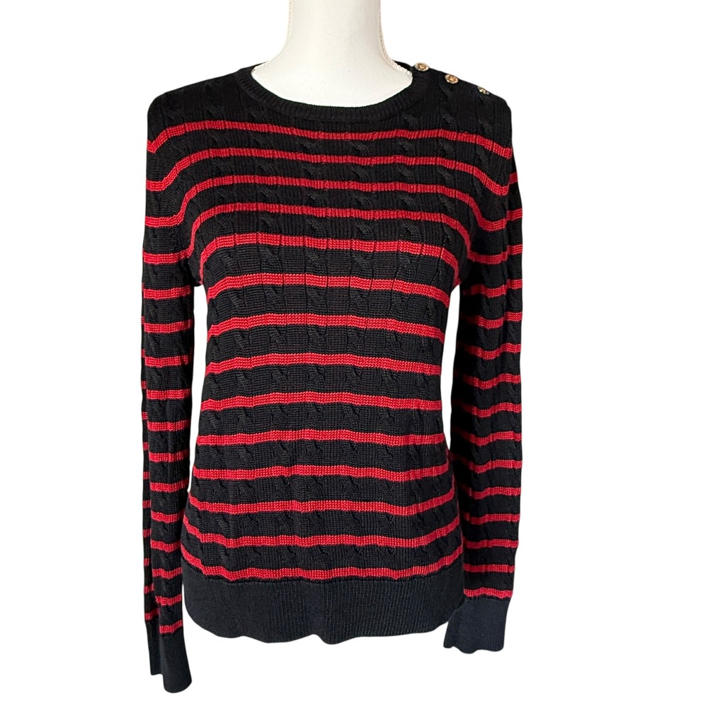 Lauren Ralph Lauren Striped Cable Knit Sweater‎ Black Red Gold Button Womens Med